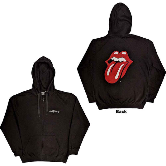 Black unisex zip-up hoodie featuring The Rolling Stones tongue logo printed on the back.