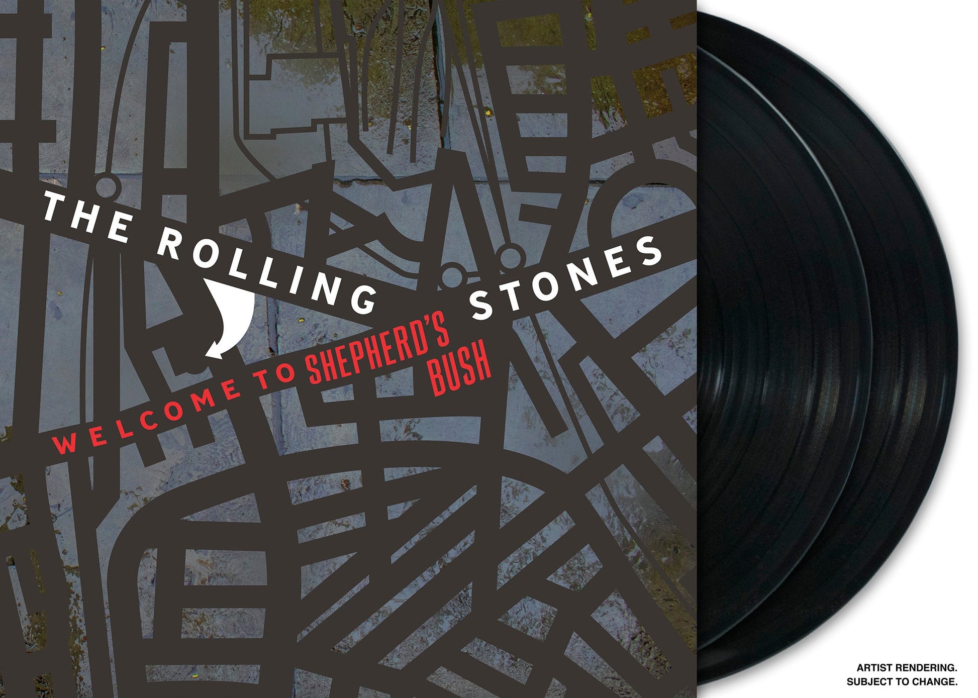 The Rolling Stones Welcome to Shepherd's Bush vinyl record album cover with map graphic.