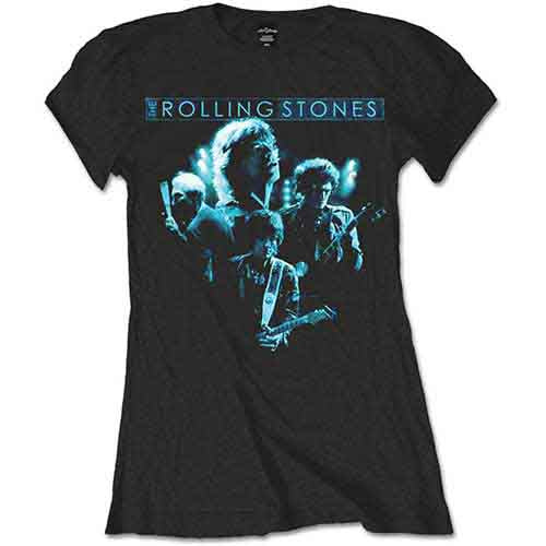Black women's t-shirt with a glowing Rolling Stones band graphic.