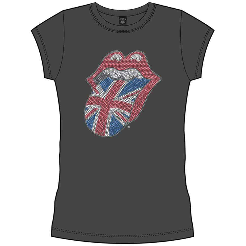 Gray women’s t-shirt with Rolling Stones tongue and lips logo.