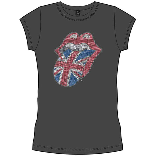 Gray women’s t-shirt with Rolling Stones tongue and lips logo.