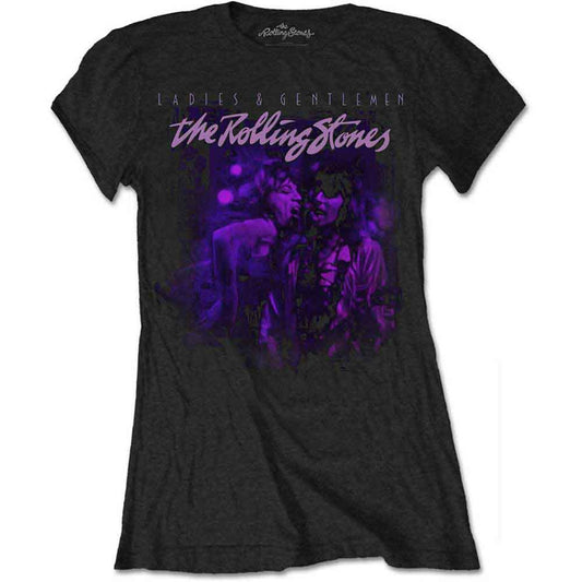 Black women’s t-shirt with purple image of Mick Jagger and Keith Richards.