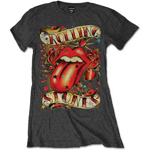 Grey ladies' t-shirt with The Rolling Stones tongue and stars design.