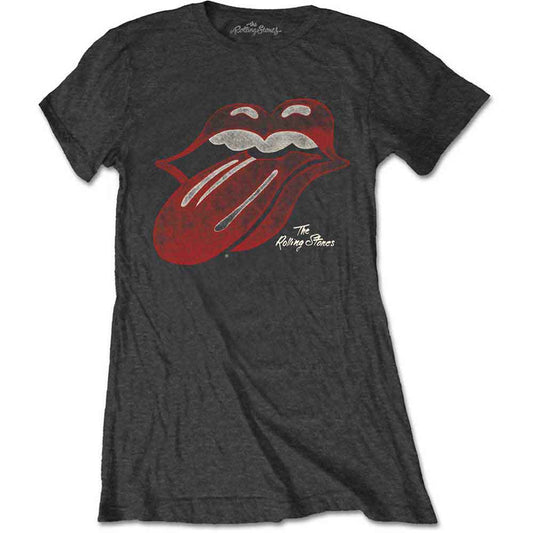 Grey t-shirt with The Rolling Stones’ iconic red tongue and lips logo.