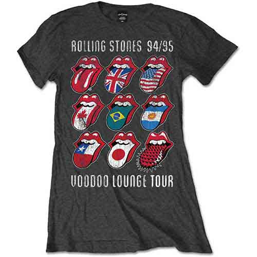 Grey women's t-shirt with colorful Rolling Stones "Tongues" graphic.
