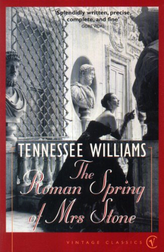 Book cover: woman in black dress, Roman statues, title "The Roman Spring of Mrs Stone".