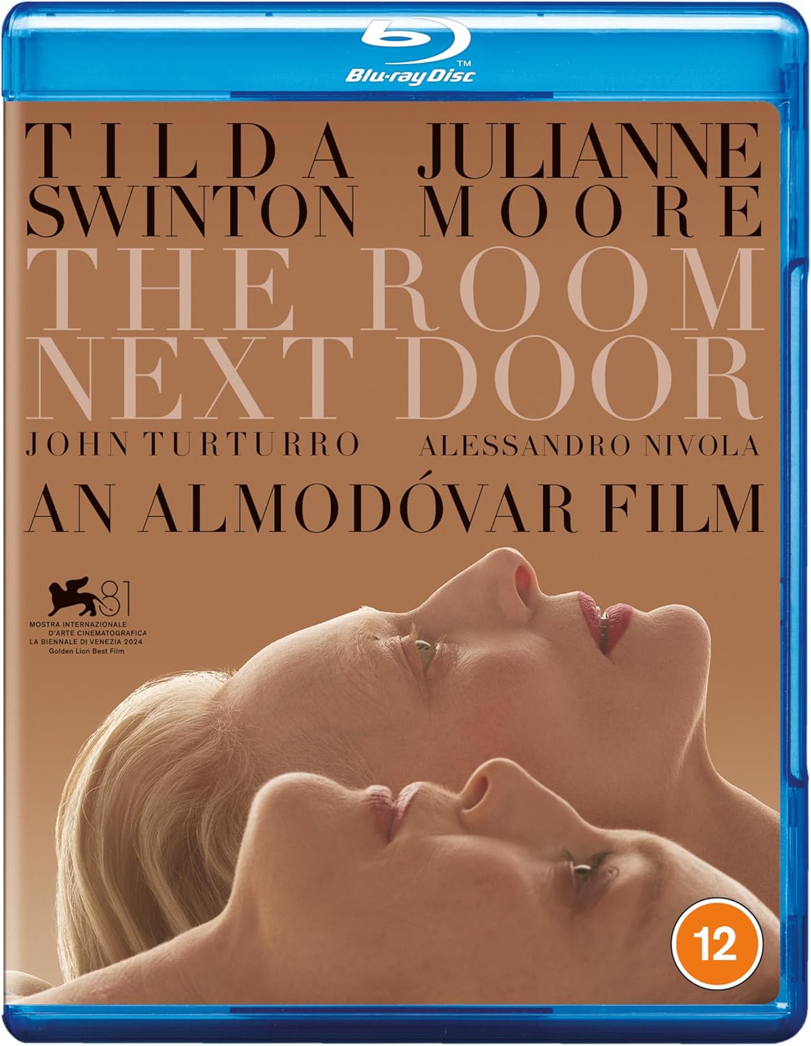 Blu-ray cover for "The Room Next Door" featuring Tilda Swinton and Julianne Moore.