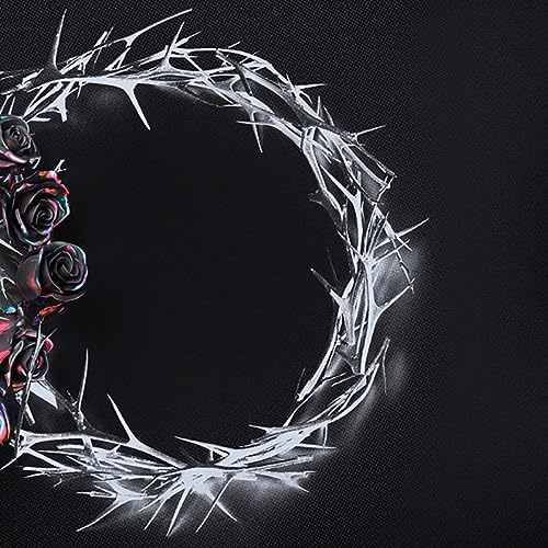 Black background with a silver thorn crown and dark roses.