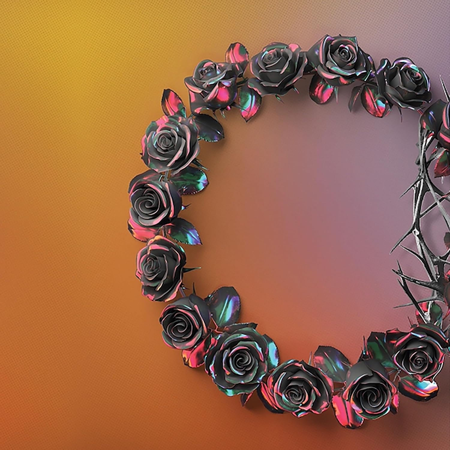 Wreath of dark, iridescent roses with thorns on a gradient background.