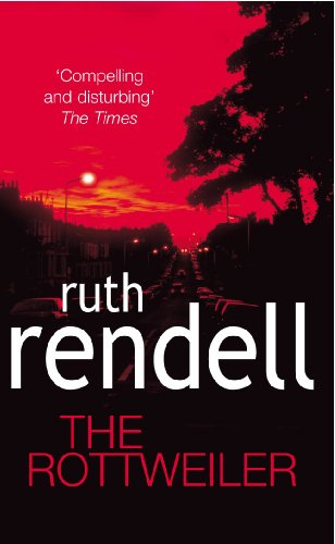 Book cover: "The Rottweiler" by Ruth Rendell, red sunset, dark street.