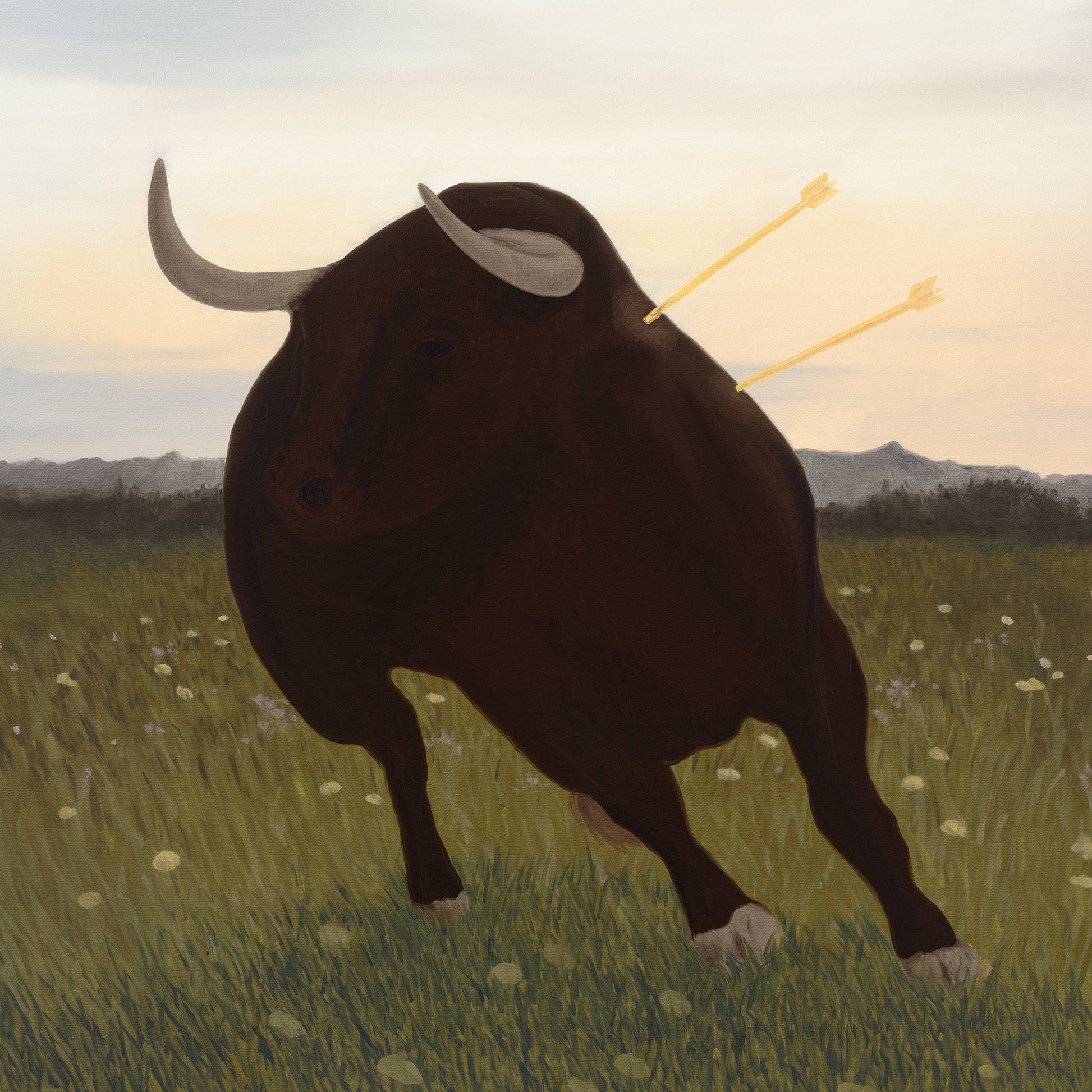 An oil painting of a dark bull with two arrows in its back running.
