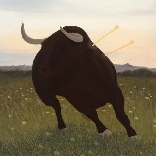 An oil painting of a dark bull with two arrows in its back running.