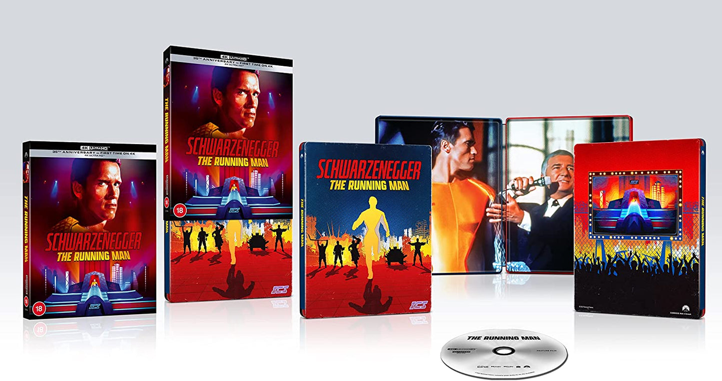 "Arnold Schwarzenegger in a yellow shirt on a futuristic stage, cityscape background."