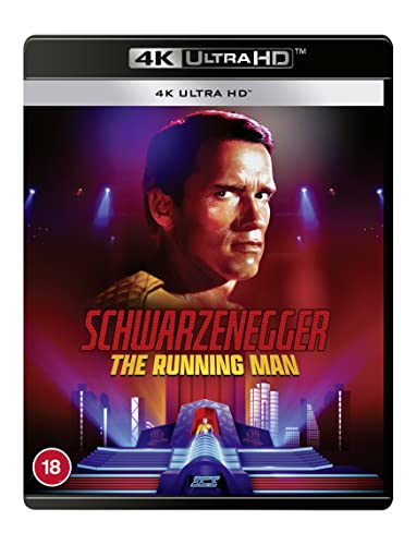 “The Running Man” Blu-ray cover featuring Arnold Schwarzenegger in a futuristic setting.