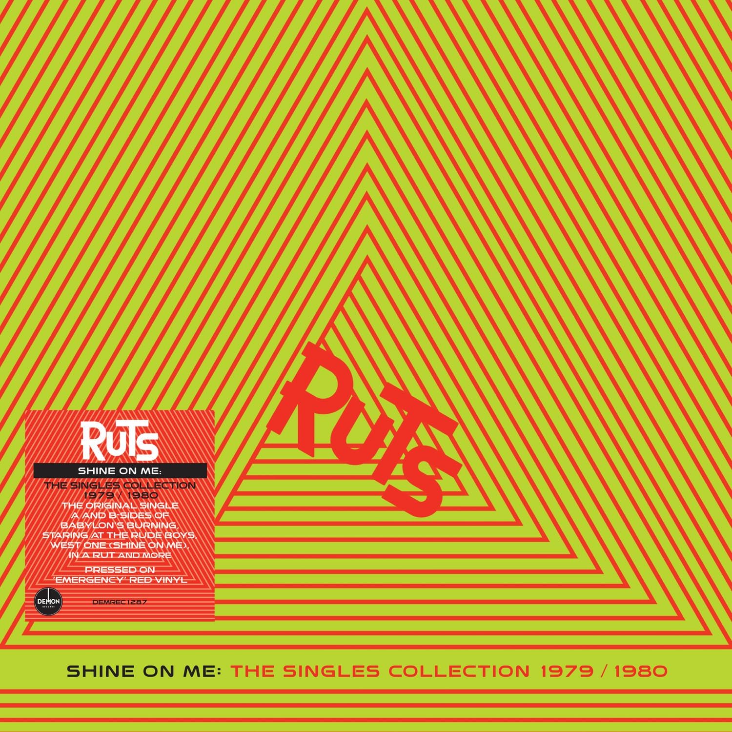 Vinyl cover with red and yellow diagonal stripes and The Ruts logo.