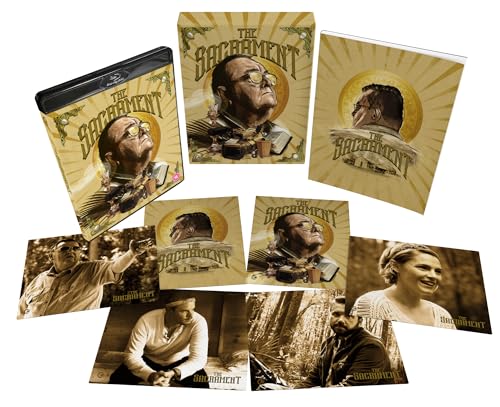 The Sacrament" Blu-ray case and included artwork featuring a man looking upwards.