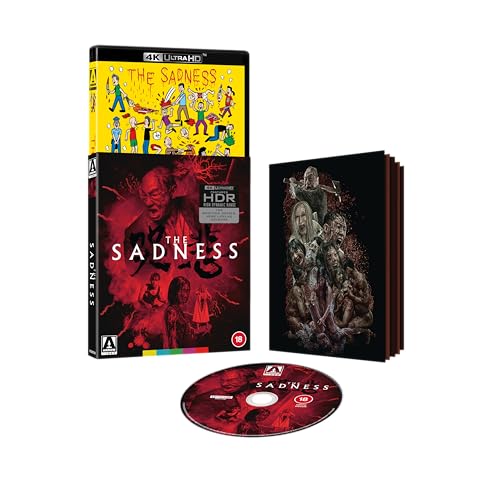 The Sadness 4K Ultra HD Blu-ray case, booklet, and disc with horror-themed artwork.