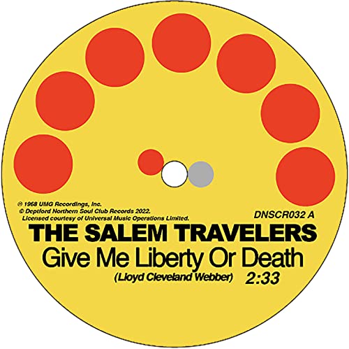 Yellow vinyl record label with red circles and "The Salem Travelers" text.