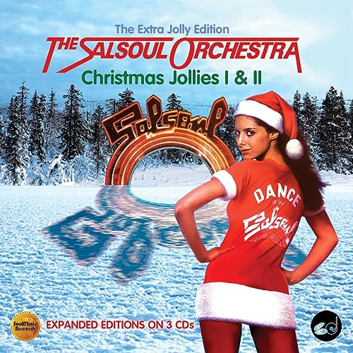 Woman in a Santa outfit standing in a snowy landscape with a Salsoul logo.