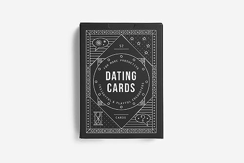 Black box of “Dating Cards” with white geometric and text design.