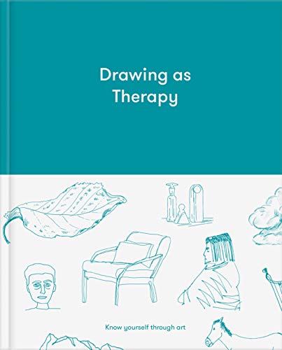 Book cover: "Drawing as Therapy" with sketched images in teal and white.