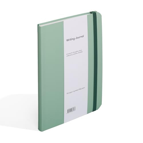 Sage green journal with elastic band and white label area.
