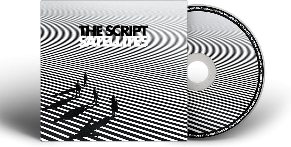 The Script’s “Satellites” CD case with black and white striped design.
