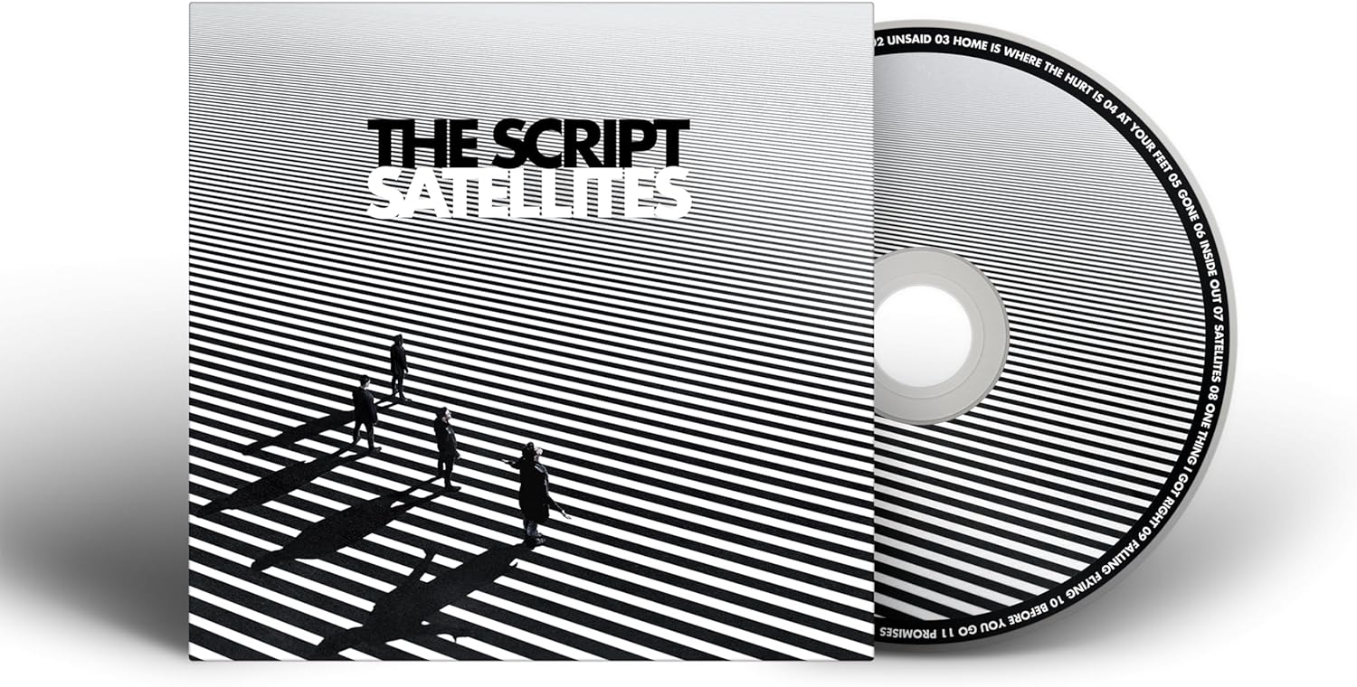 The Script’s “Satellites” CD case with black and white striped design.