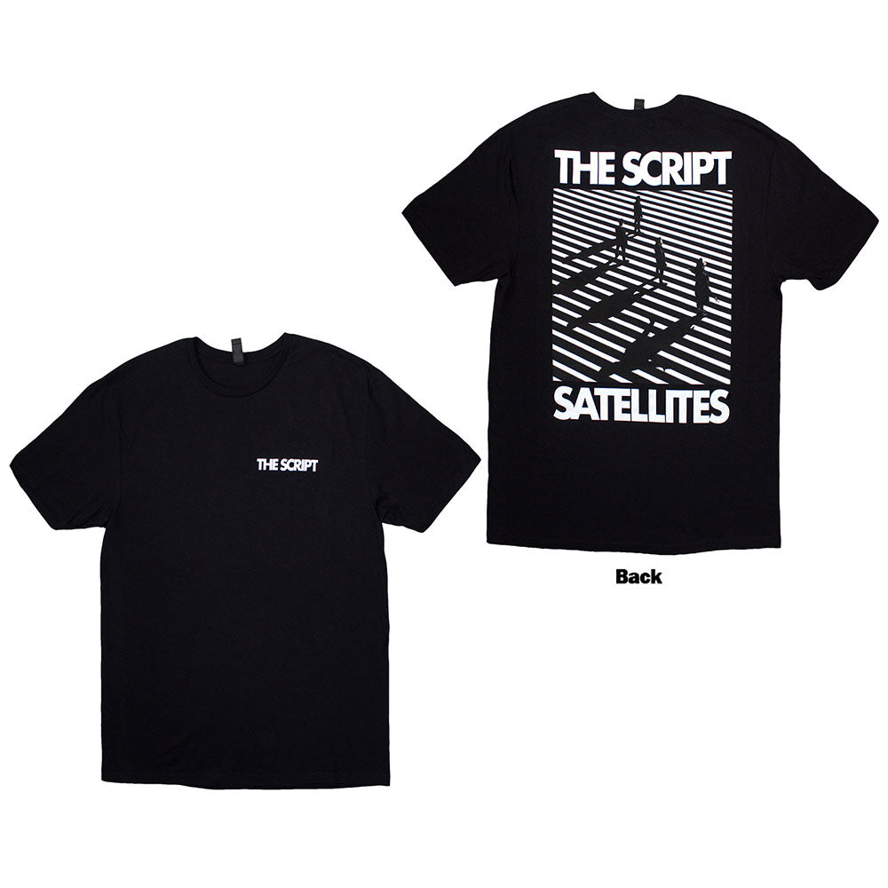 Black unisex t-shirt with satellite graphic on back, small logo on front pocket.