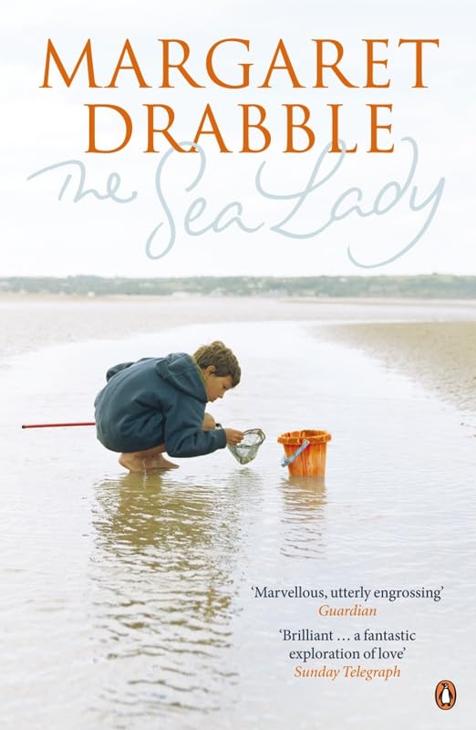 Book cover: "The Sea Lady" by Margaret Drabble, child at beach.