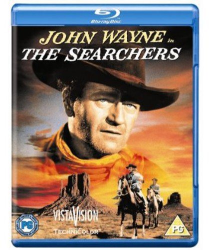Blu-ray cover for "The Searchers" featuring John Wayne in a cowboy hat.