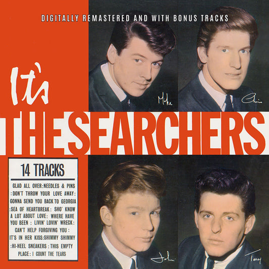 Album cover for "It's The Searchers" featuring four men in suits.