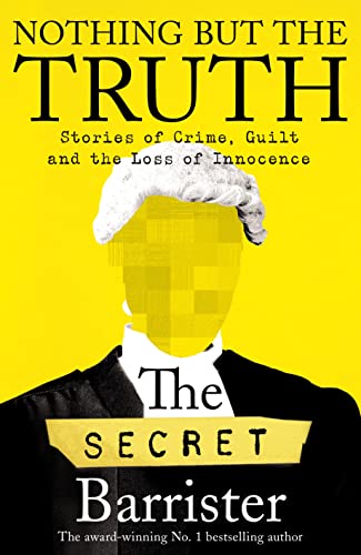 Book cover: yellow background, obscured face with wig, legal attire.