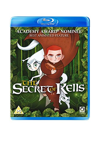 Blu-ray cover for The Secret of Kells featuring a boy, a spirit, and cat.