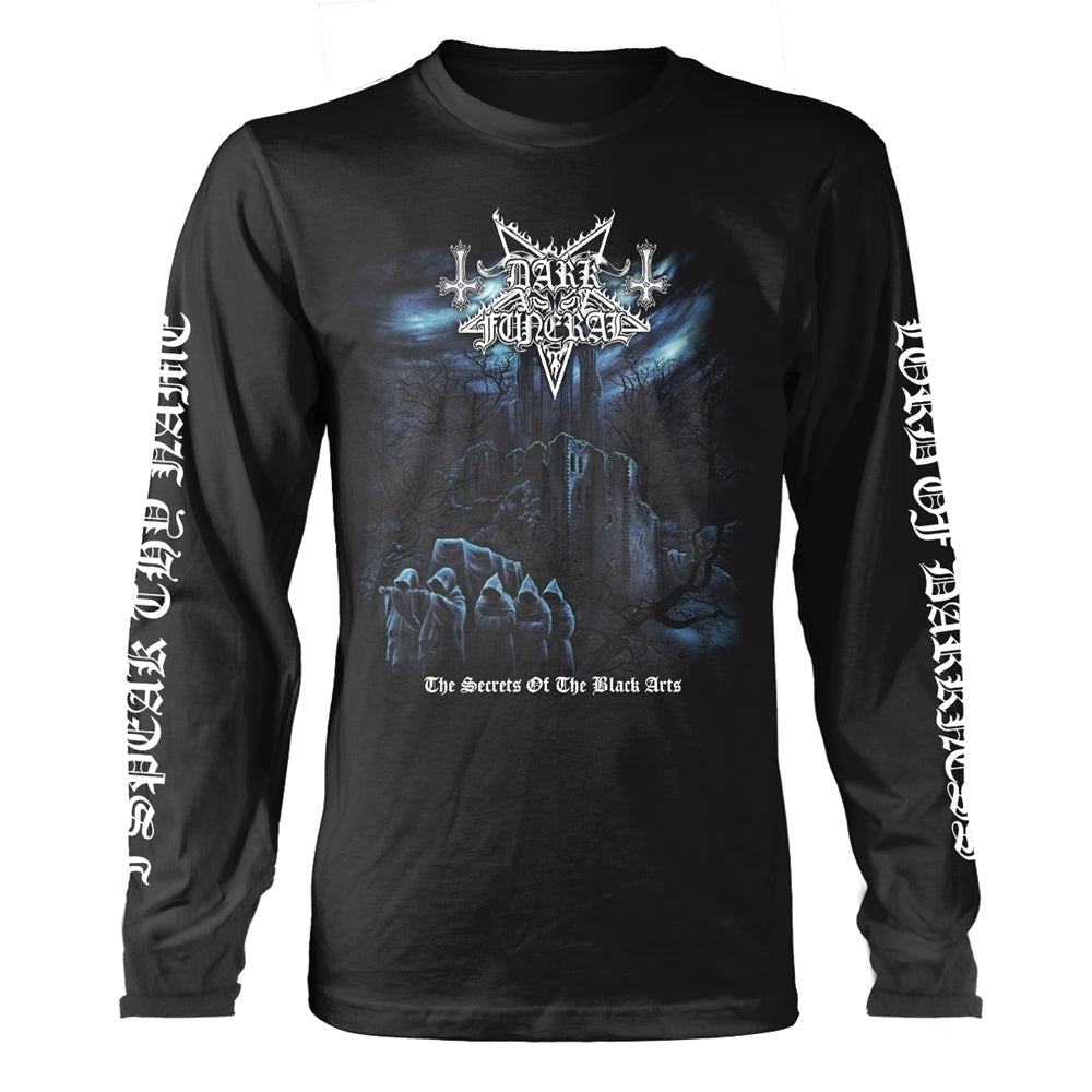 Black long-sleeve shirt featuring Dark Funeral logo, hooded figures, and castle graphic.