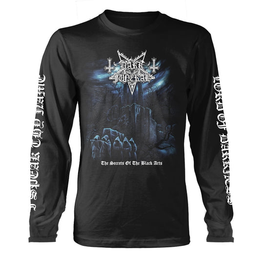 Black long-sleeve shirt featuring Dark Funeral logo, hooded figures, and castle graphic.