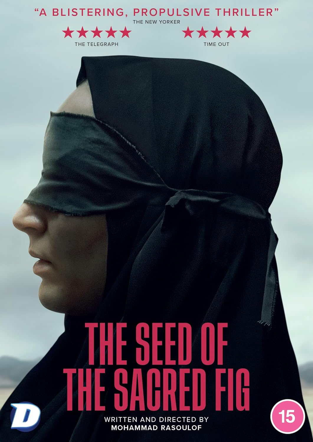 Profile view of a person wearing a black headscarf and a black blindfold.