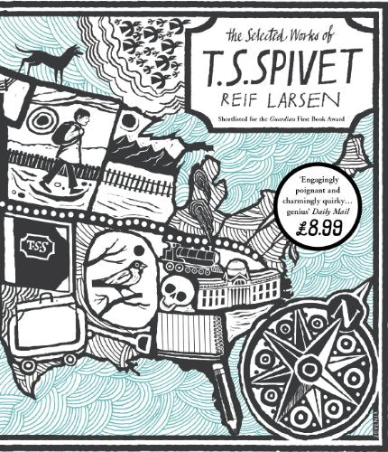 Book cover: "The Selected Works of T.S. Spivet" with detailed illustrations.