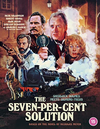 "Blu-ray cover for 'The Seven-Per-Cent Solution' featuring characters and a steam train."
