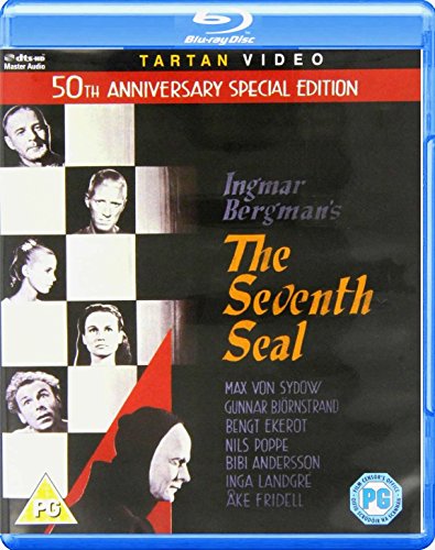 Blu-ray cover for The Seventh Seal featuring a black and white character collage.