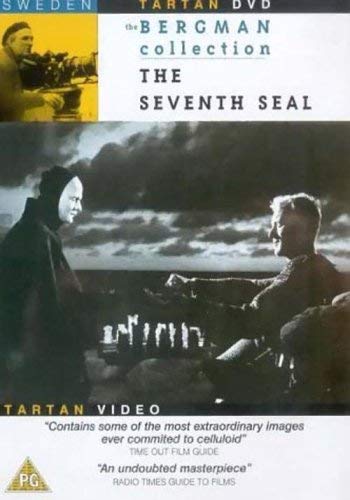 DVD cover for "The Seventh Seal" featuring a cloaked figure and beach scene.