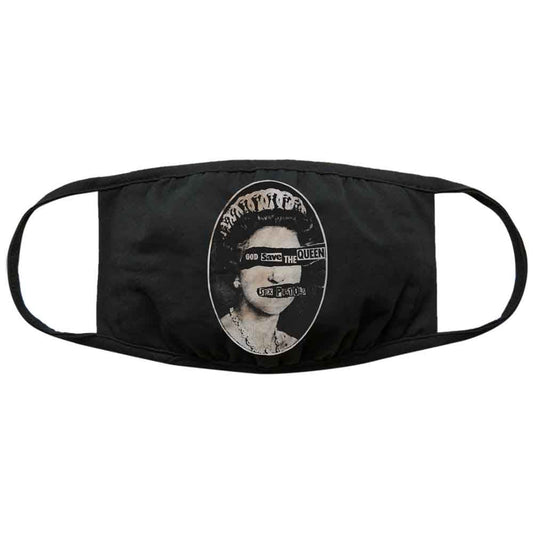 Black face mask with a distressed image of Queen Elizabeth II.