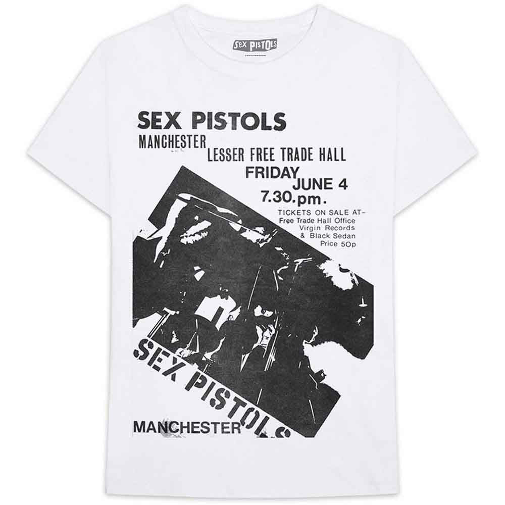 White t-shirt with black Sex Pistols Manchester flyer graphic, worn by a man.