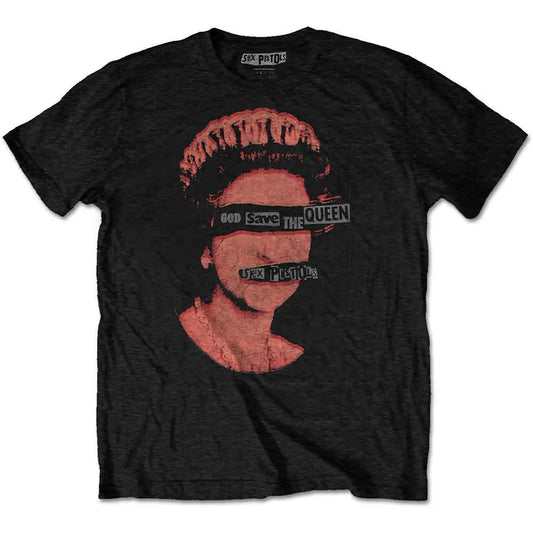 Black t-shirt with distressed Sex Pistols "God Save The Queen" graphic.