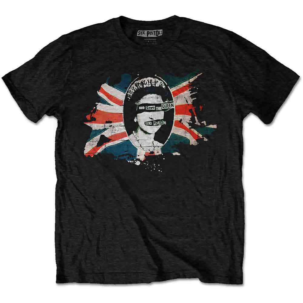 A man wears a black t-shirt featuring the Sex Pistols Queen Elizabeth graphic.