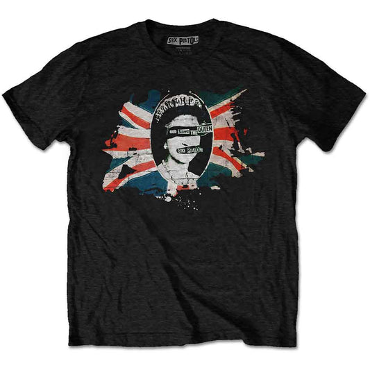 A man wears a black t-shirt featuring the Sex Pistols Queen Elizabeth graphic.