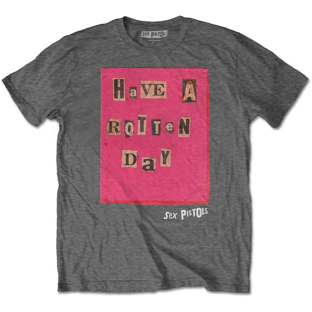 Grey unisex t-shirt with a pink collage-style "Rotten Day" graphic.