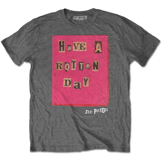 Grey unisex t-shirt with a pink collage-style "Rotten Day" graphic.