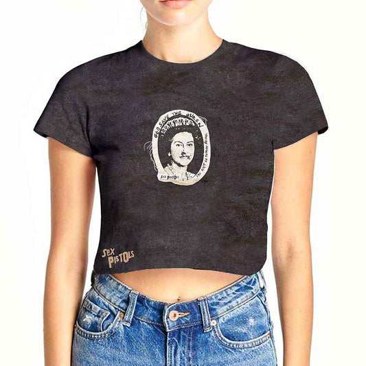 Mineral wash black crop top featuring the Sex Pistols God Save The Queen graphic.