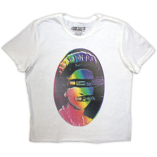 White ladies crop top featuring a Sex Pistols God Save the Queen rainbow graphic.